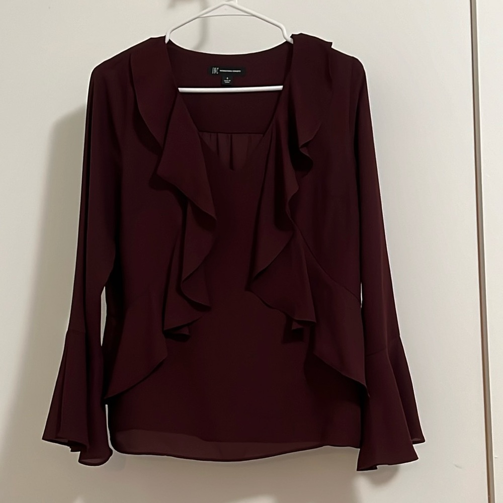 INC International Concepts Long Sleeve Ruffle Top Blouse Women’s Size Small